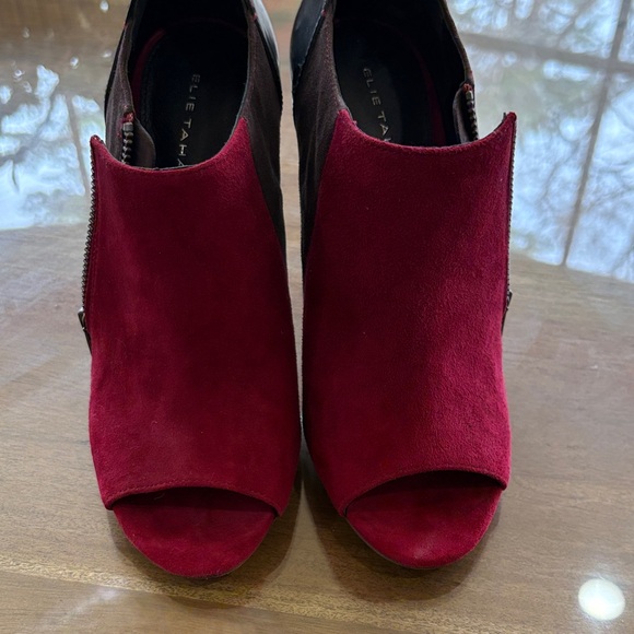 Elie Tahari Burgundy and Black Suede Peep-Toe Ankle Booties - Picture 5 of 5